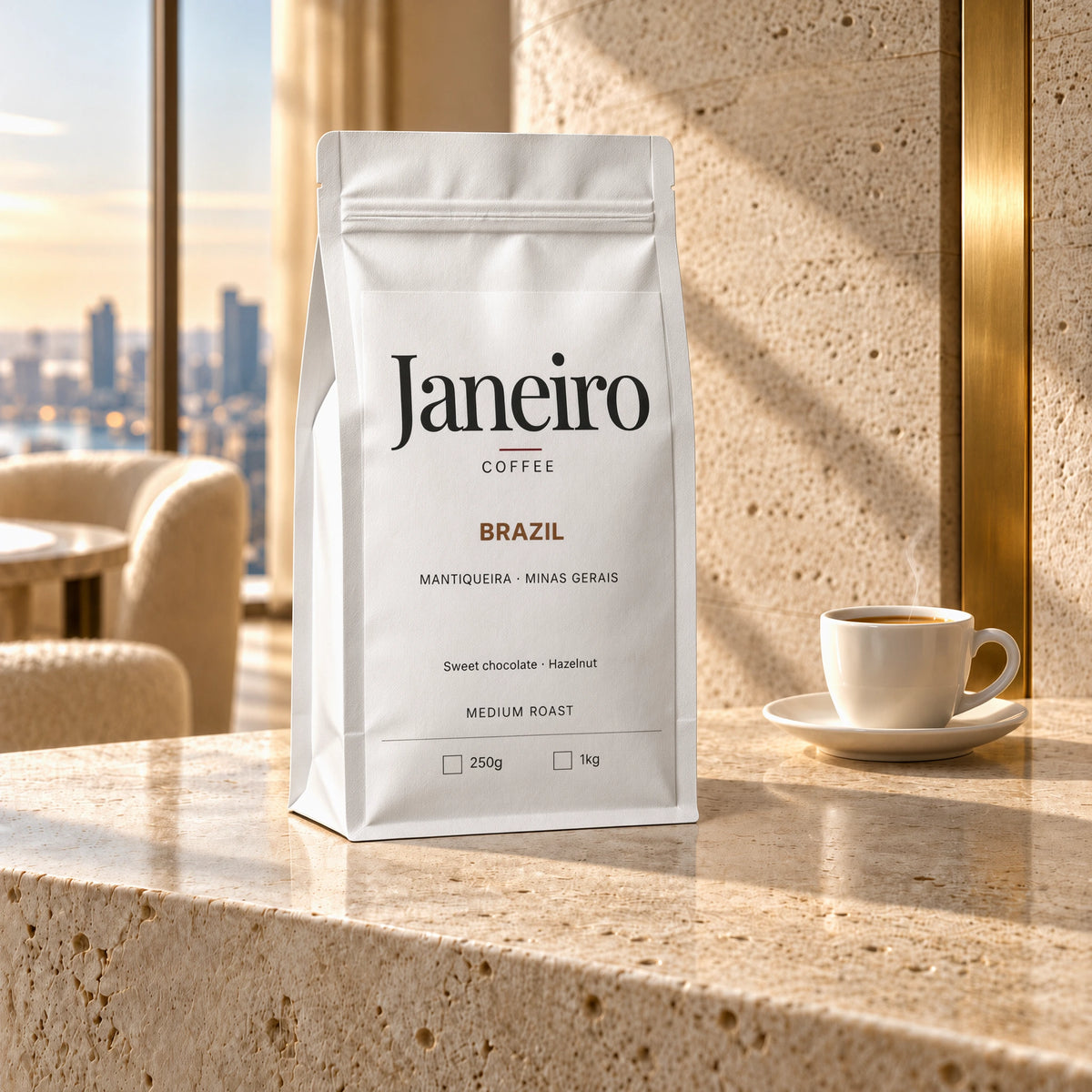 Brazil — Mantiqueira — Janeiro white bag in the morning-lit penthouse