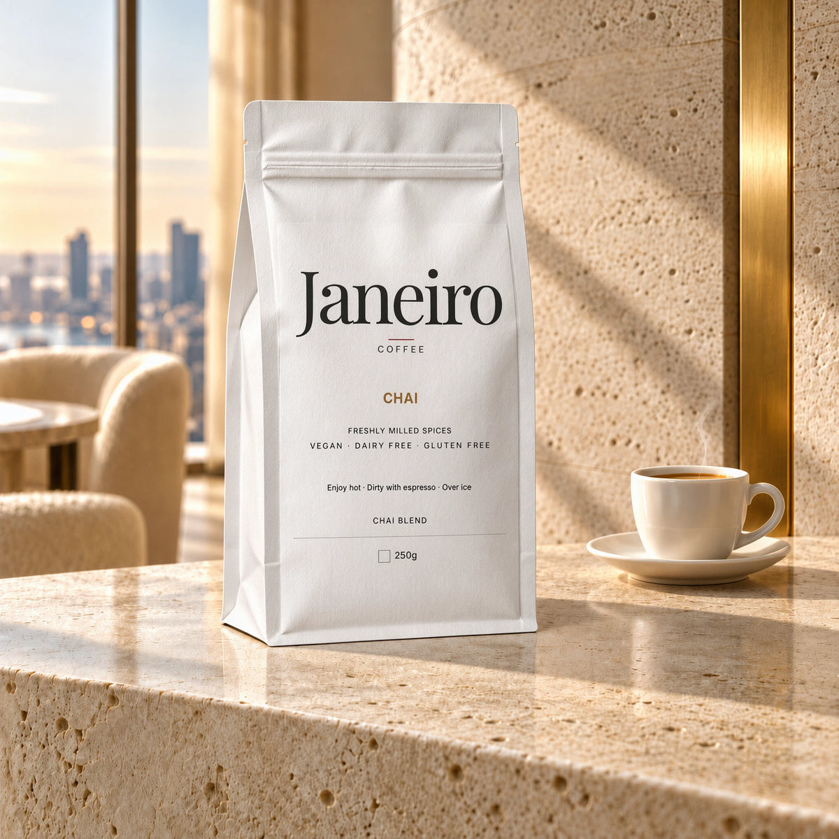 Chai — Janeiro white bag in the morning-lit penthouse