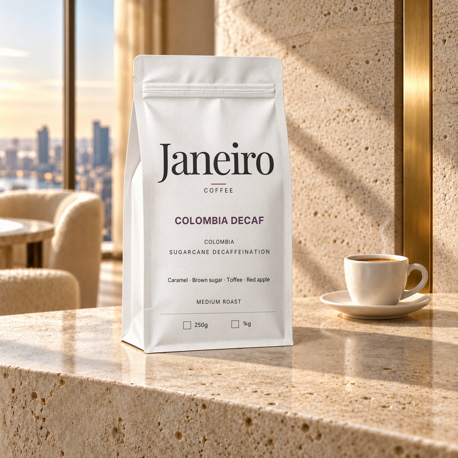 Colombia Decaf — Janeiro white bag in the morning-lit penthouse