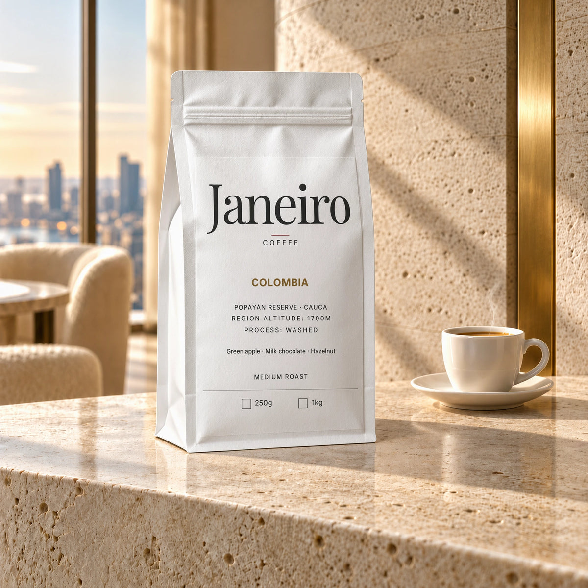 Colombia — Popayán Reserve — Janeiro white bag in the morning-lit penthouse