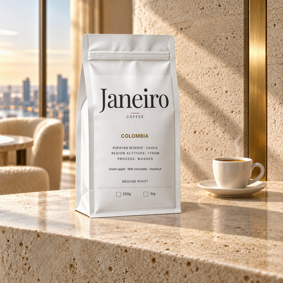 Colombia — Popayán Reserve — Janeiro white bag in the morning-lit penthouse