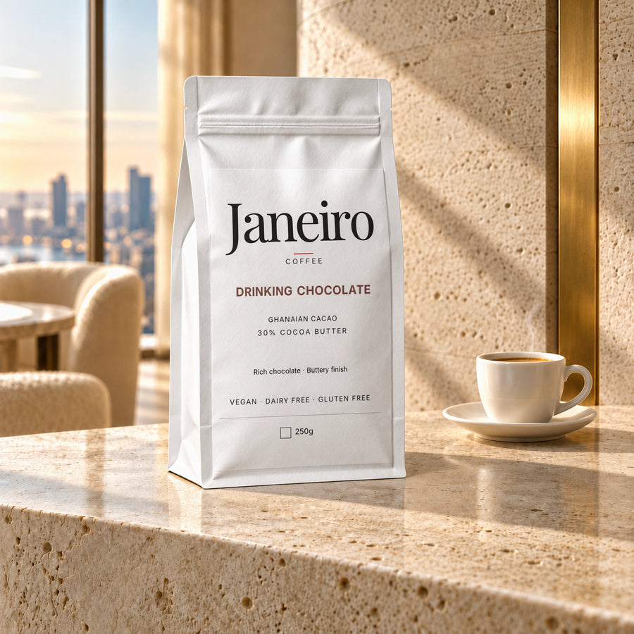 Drinking Chocolate — Janeiro white bag in the morning-lit penthouse