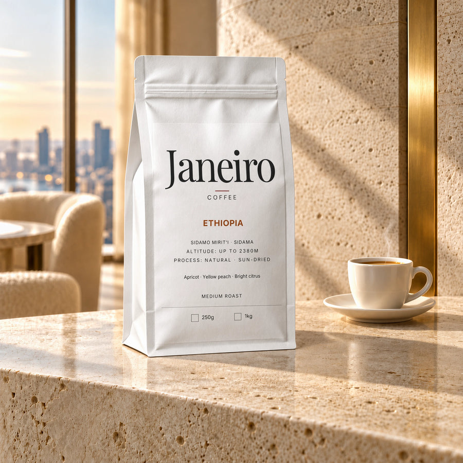 Ethiopia — Sidamo Mirit’i — Janeiro white bag in the morning-lit penthouse