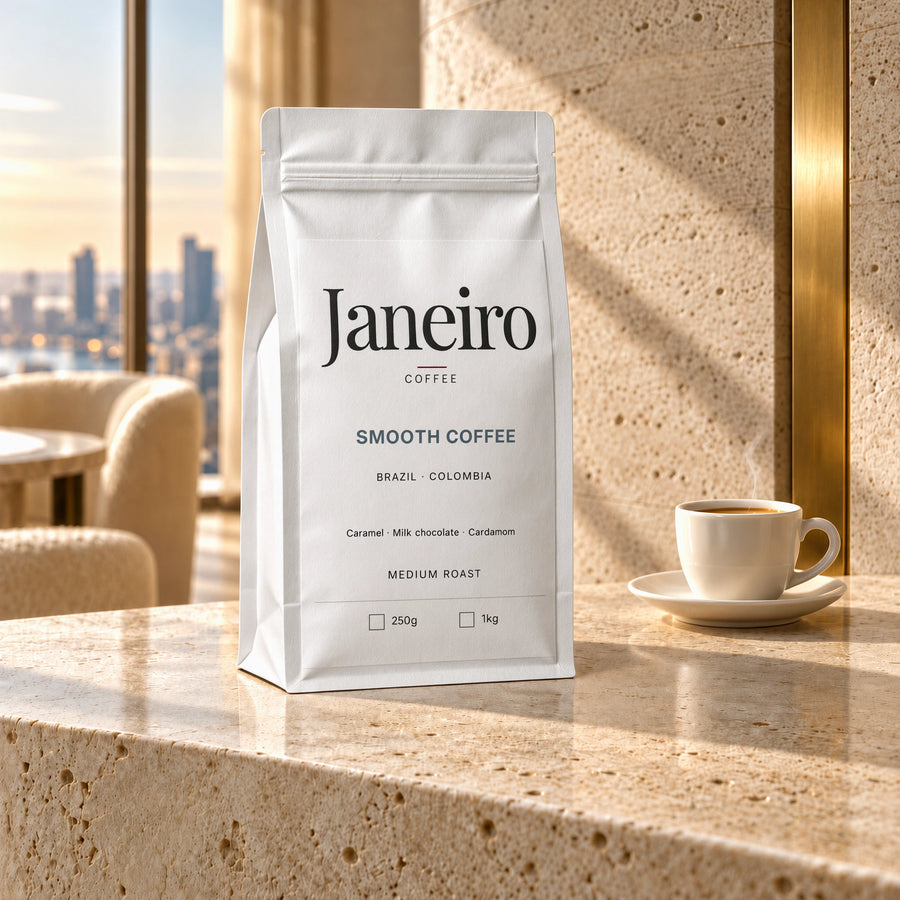 Smooth Coffee — Janeiro white bag in the morning-lit penthouse