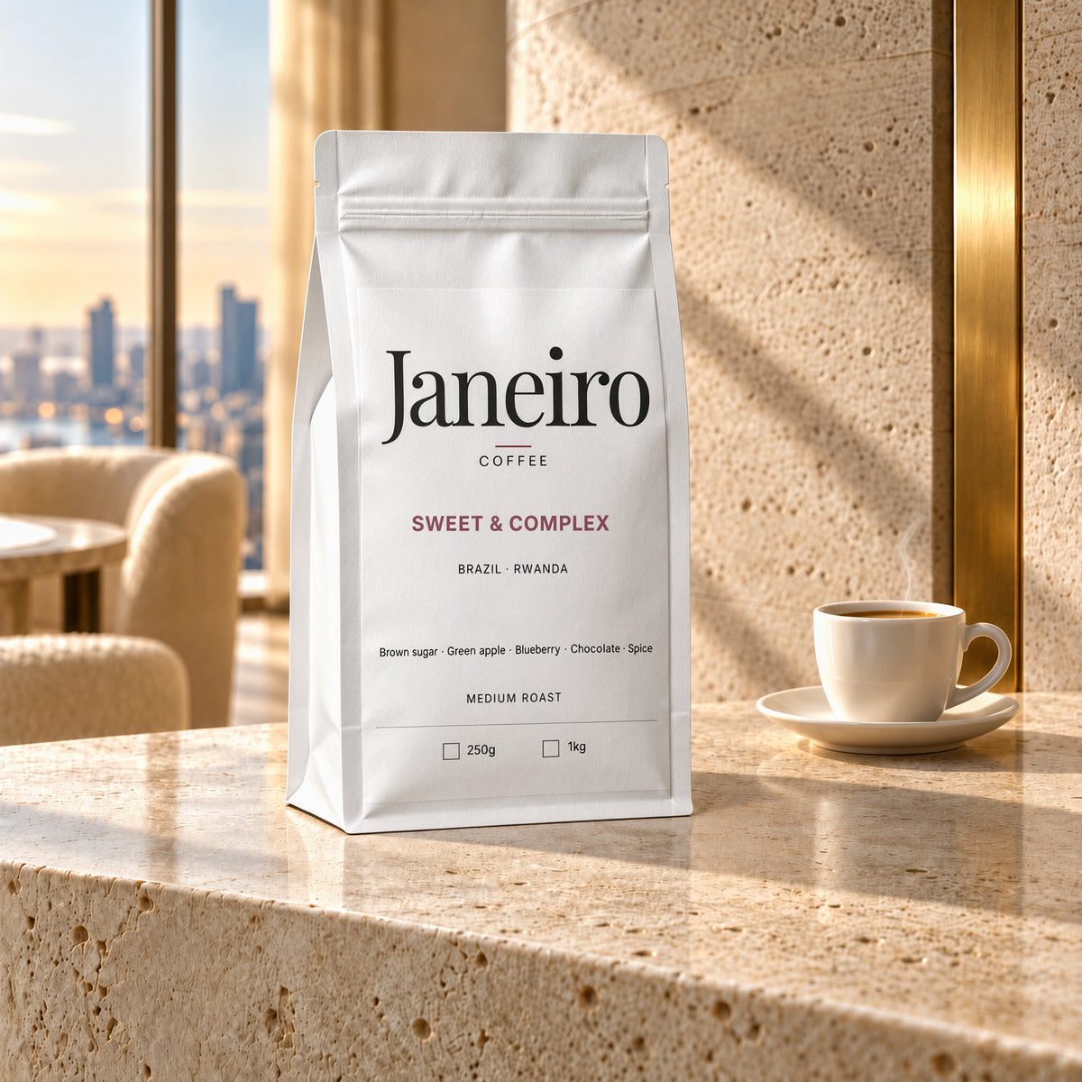 Sweet & Complex — Janeiro white bag in the morning-lit penthouse