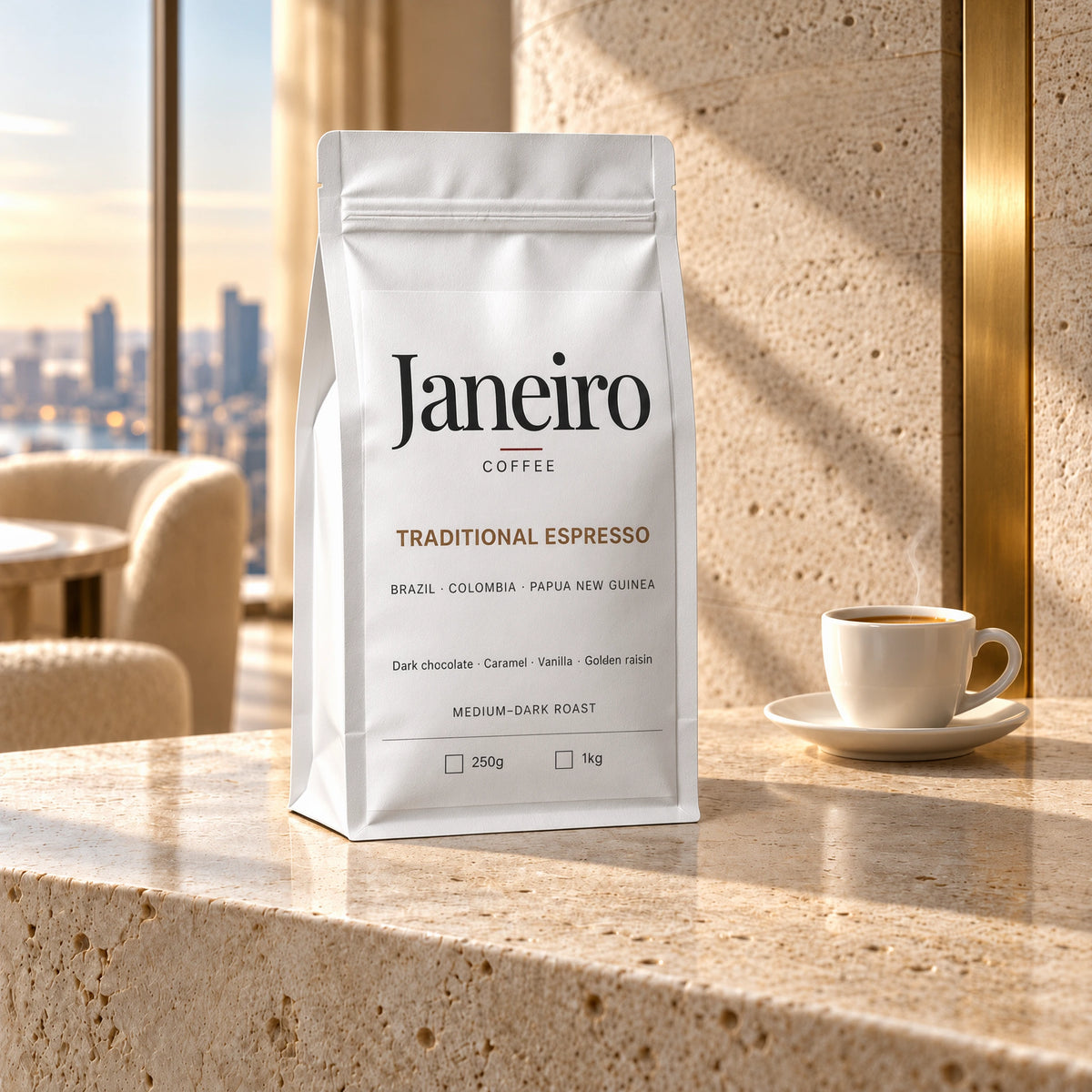 Janeiro Traditional Espresso in the morning light, with a cup of coffee
