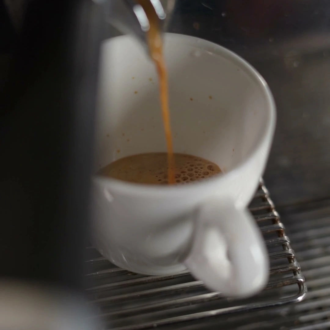 Espresso flowing into a white cup — illustrative serving or coffee study