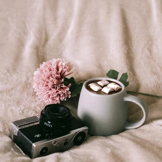 Hot chocolate with marshmallows beside a vintage camera — illustrative serving or coffee study
